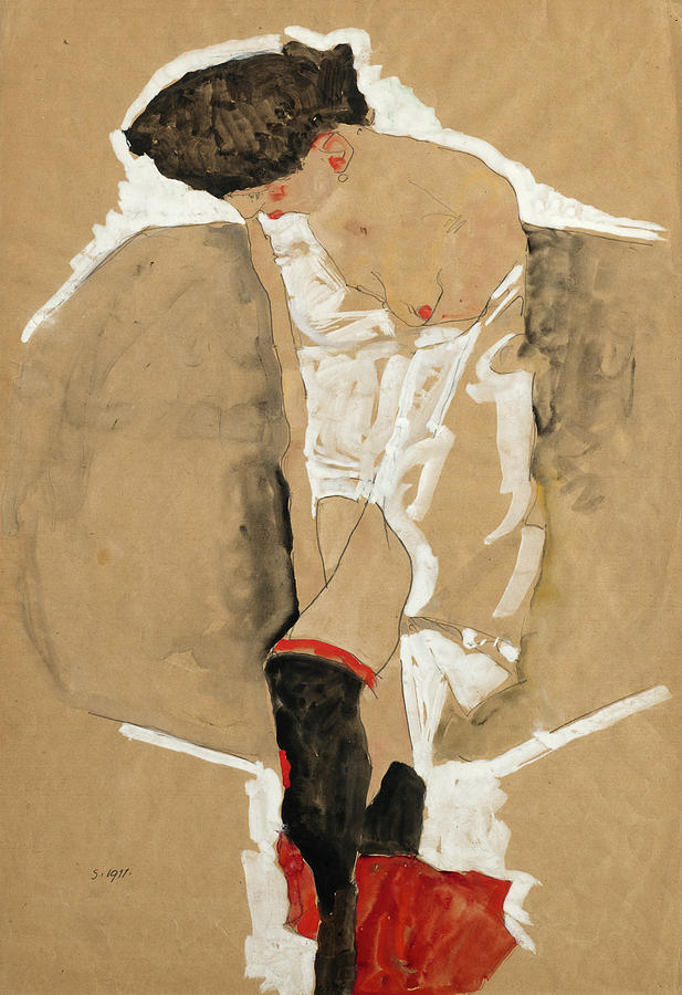 Standing Female in Shirt with Black Stockings and Red Scarf Drawing by Egon Schiele