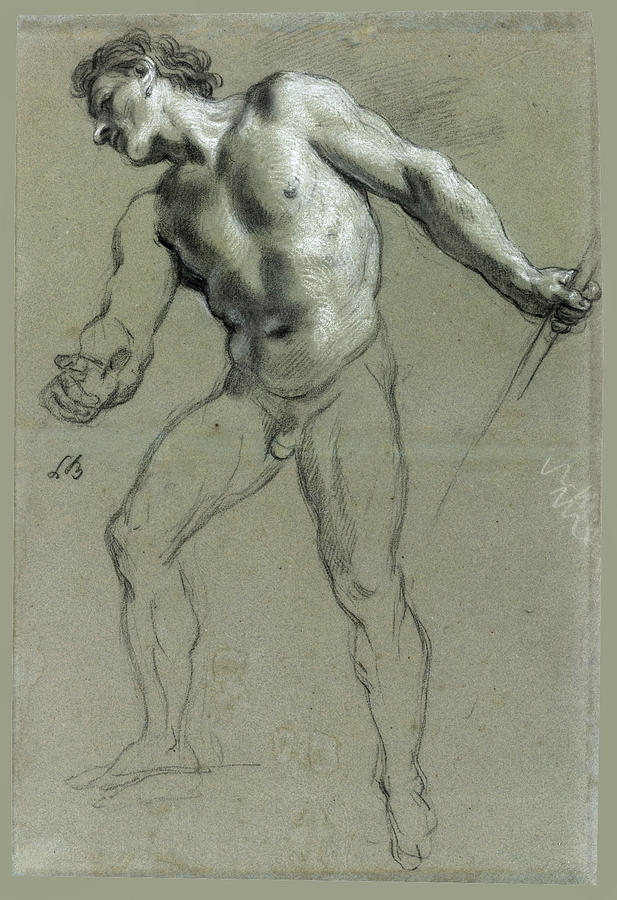 Standing Male Nude Facing Left holding a Staff Drawing by Louis de Boullogne the Younger