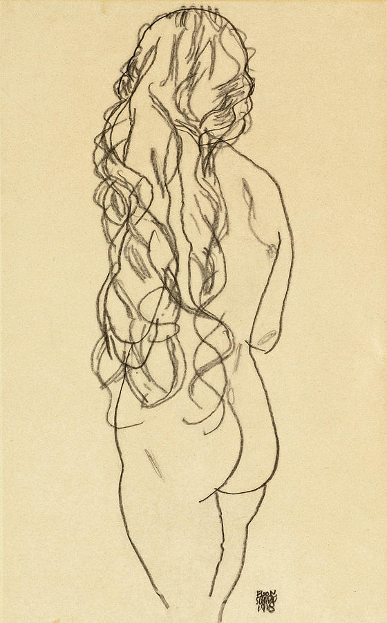 Standing Nude Girl with Long Hair Drawing by Egon Schiele