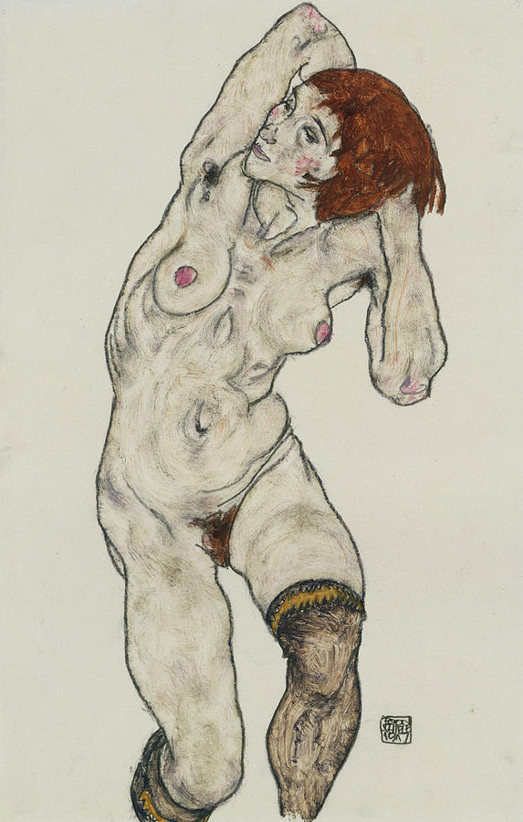 Egon Schiele Painting - Standing Nude in Black Stockings by Egon Schiele