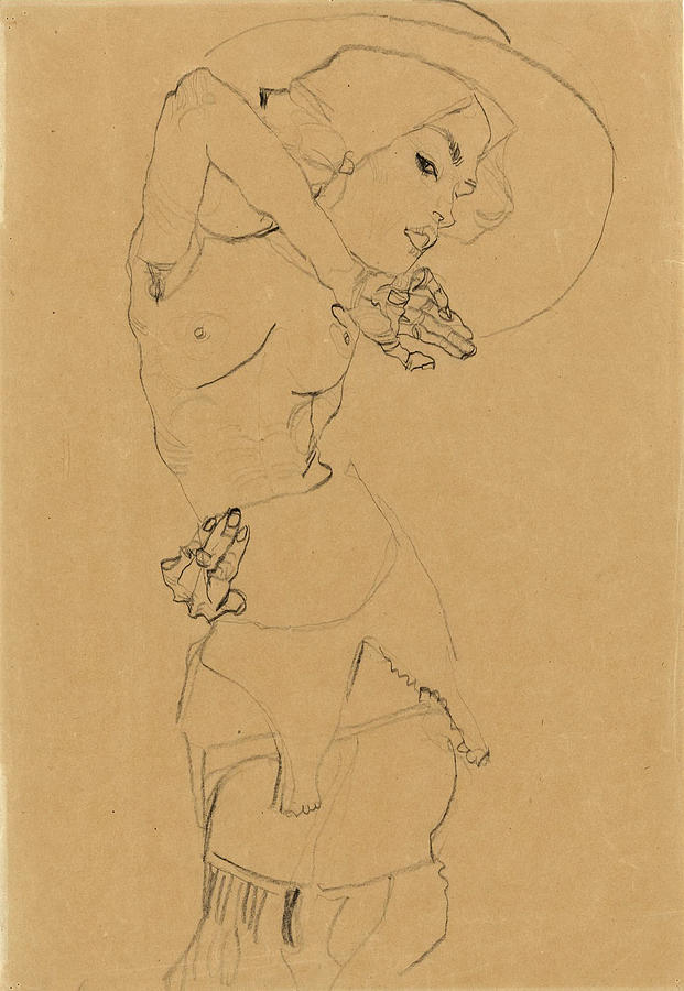 Standing Nude with Large Hat. Gertrude Schiele Drawing by Egon Schiele