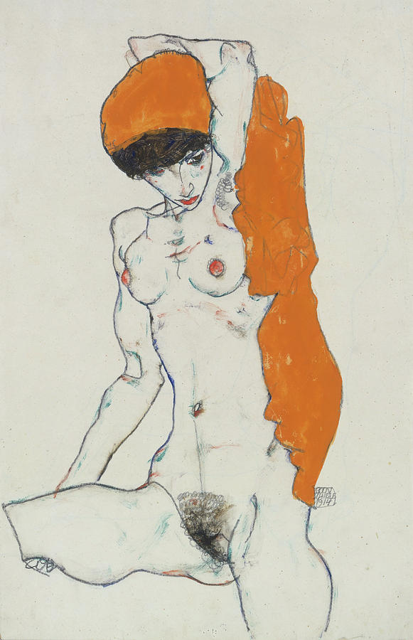 Egon Schiele Painting - Standing Nude with Orange Drapery by Egon Schiele