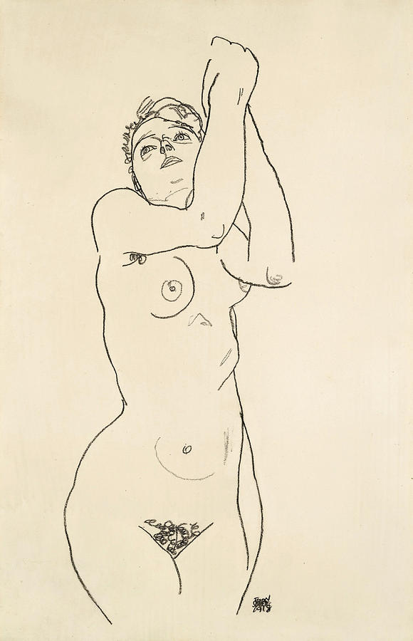 Standing Nude with Raised Arms Drawing by Egon Schiele