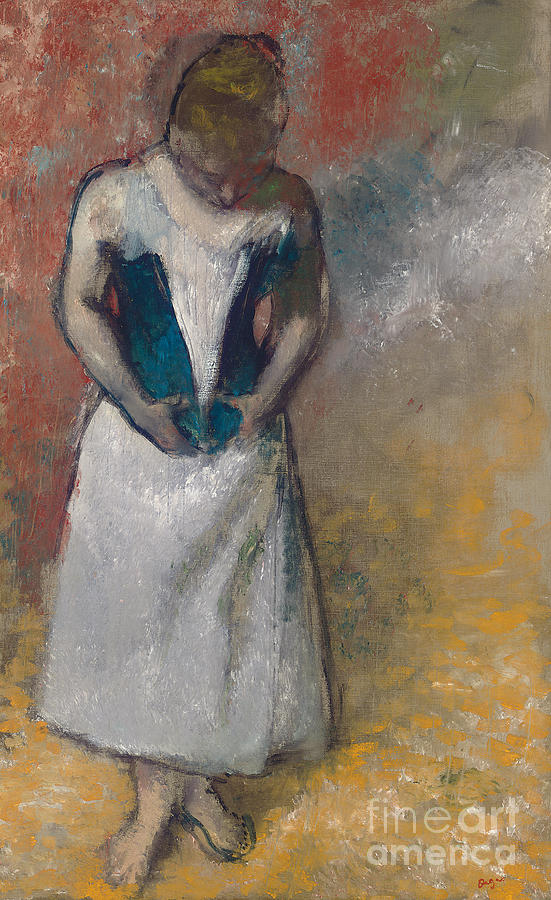Edgar Degas Painting - Standing Woman Seen from the Front, Clasping her Corset by Edgar Degas