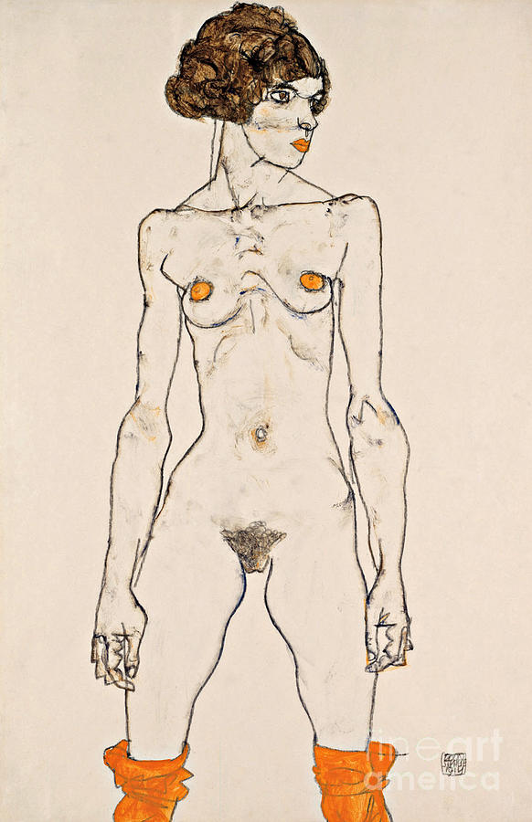 Egon Schiele Painting - Standing Young Female Nude with Orange Colored Stockings by Egon Schiele
