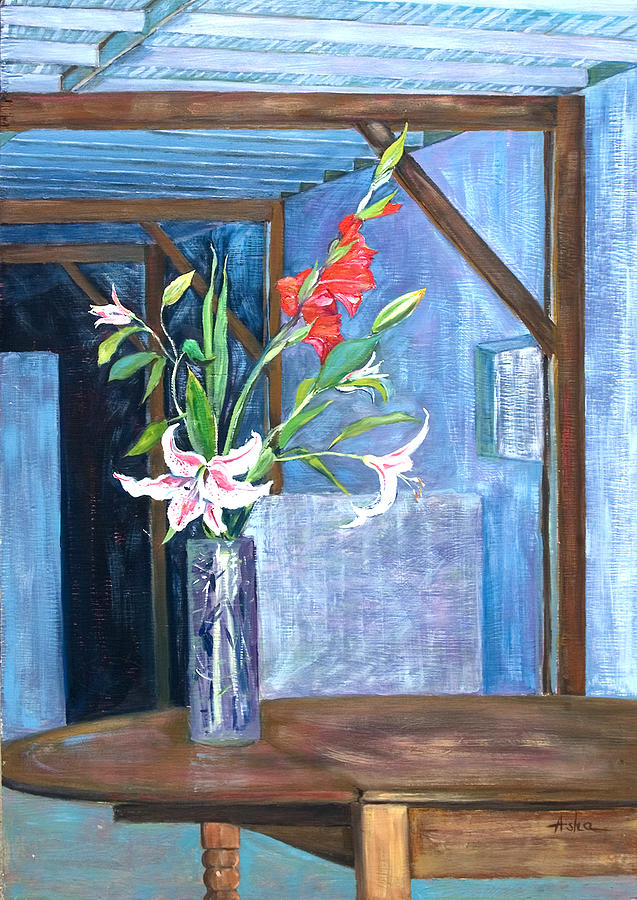 Star Gazer Lilies and Gladiolus In a Crystal Vase Painting by Asha Carolyn Young