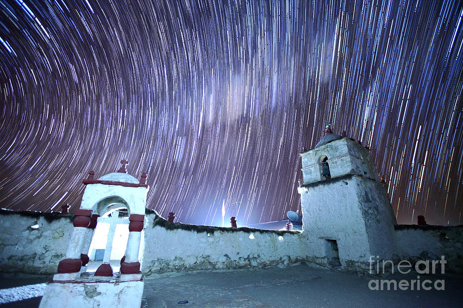 Star Trails Above Parinacota Village Church Chile Photograph by James Brunker