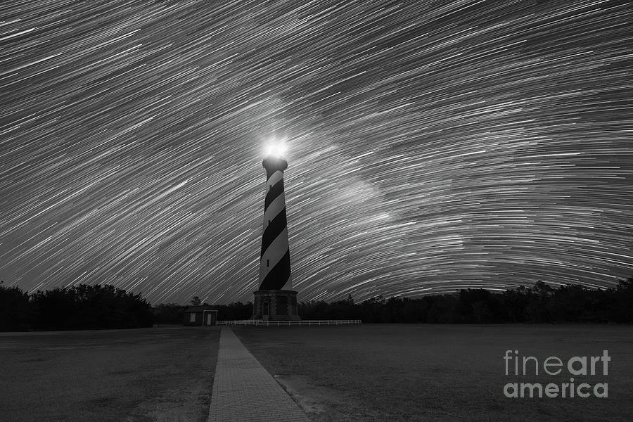 Star Trails behind Cape Hatteras Light BW Photograph by Michael Ver Sprill