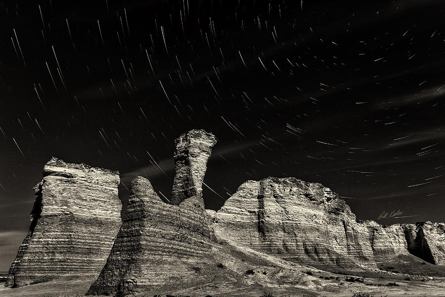 Star Trails - Monument Rocks - Black-and-White Photograph by Bill Kesler