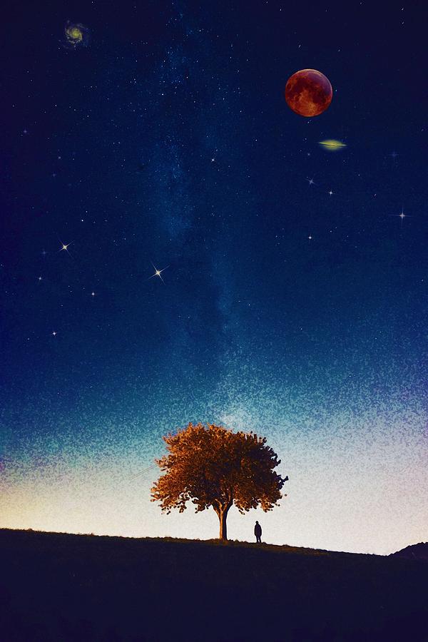 Stargazing Wanderer under a lone tree by Adam Asar Painting by Celestial Images