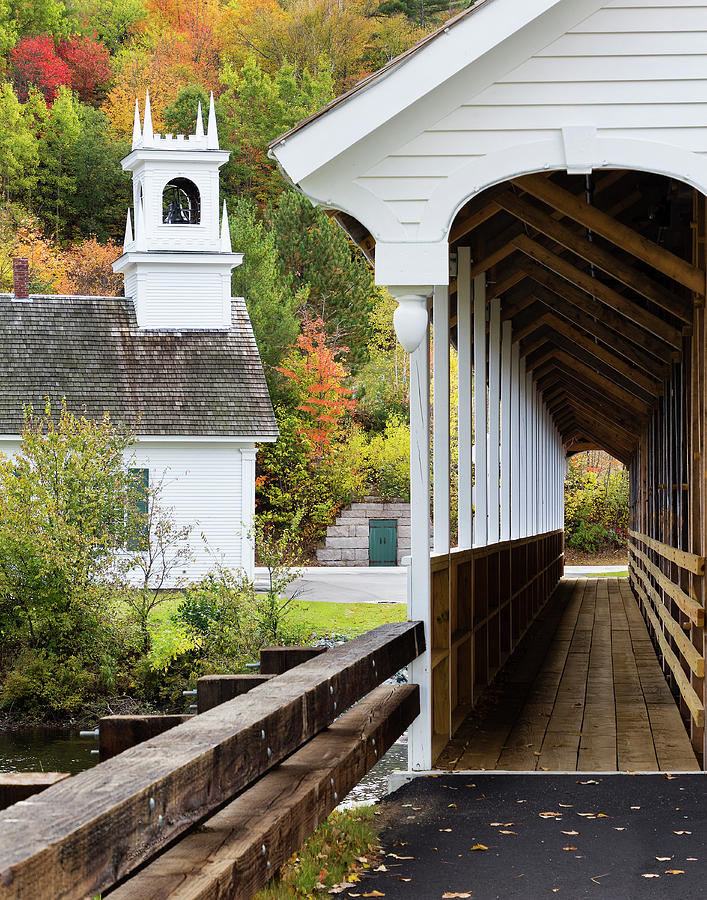 Fall Photograph - Stark, NH Union Church and Covered Bridge by Betty Denise