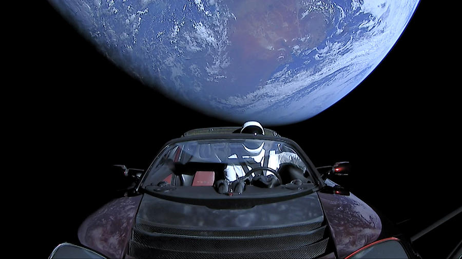 Starman In Tesla Roadster With Planet Earth traveling in the Space and the East coast of Australia i Painting by Celestial Images