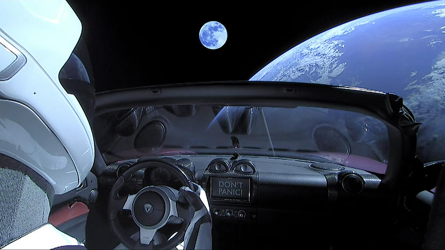 Starman In Tesla Roadster With Planet Earth traveling in the Space Painting by Celestial Images