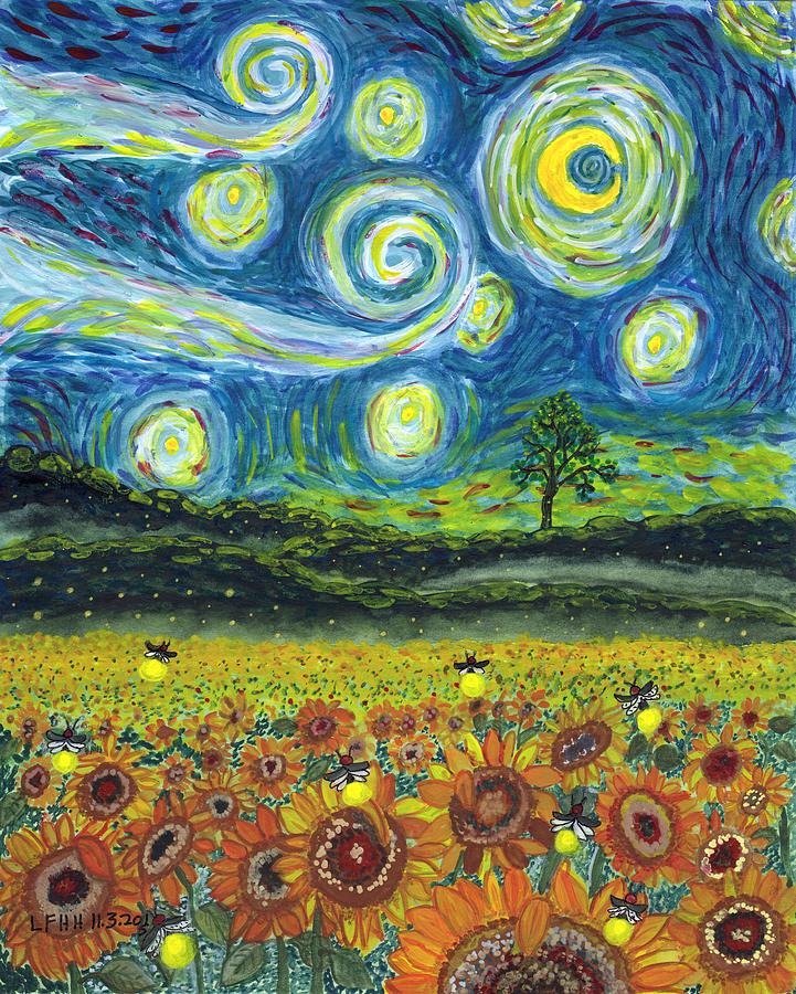 Starry Lights and Sunflowers Painting by Lisa Hinshaw