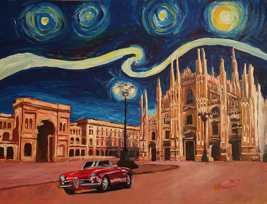 Spider Painting - Starry Night in Milan - Cathedral with Oldtimer  by M Bleichner