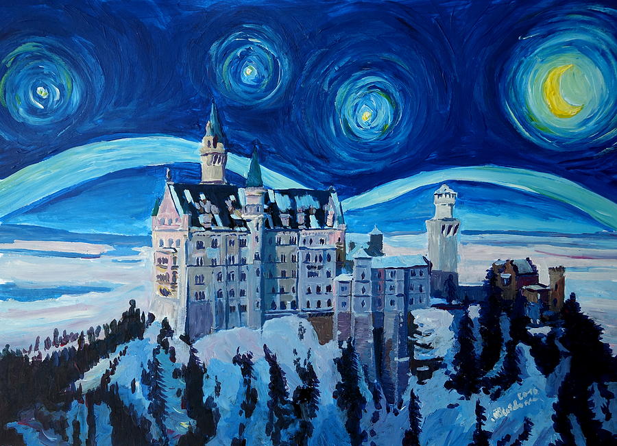 Neuschwanstein Painting - Starry Night in Neuschwanstein - Romantic Castle inspired with Van Gogh by M Bleichner