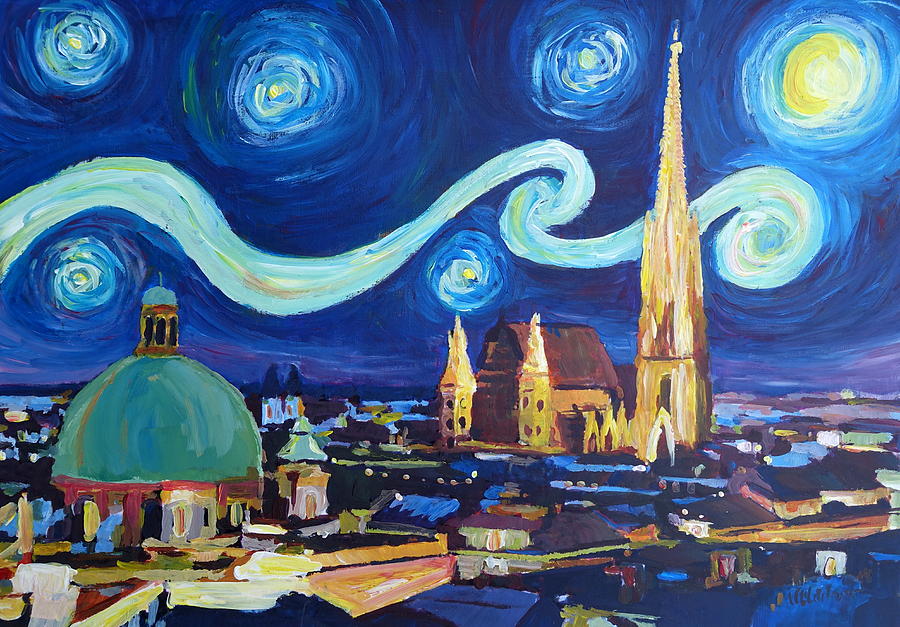 Castle Painting - Starry Night in Vienna Austria   Saint Stephan Cathedral Van Gogh Inspirations by M Bleichner