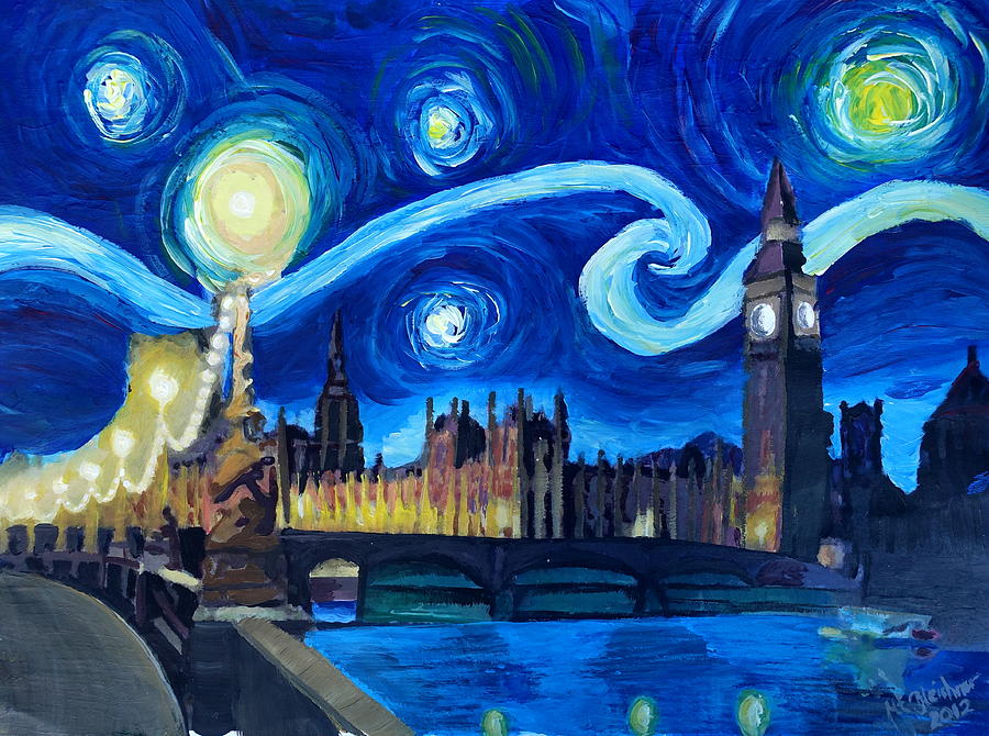 Vincent Van Gogh Painting - Starry Night London Parliament Van Gogh Inspired by M Bleichner