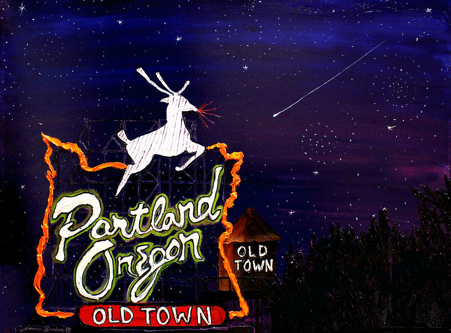 Starry Night Over Portland Oregon Sign 2 Painting by James Dunbar