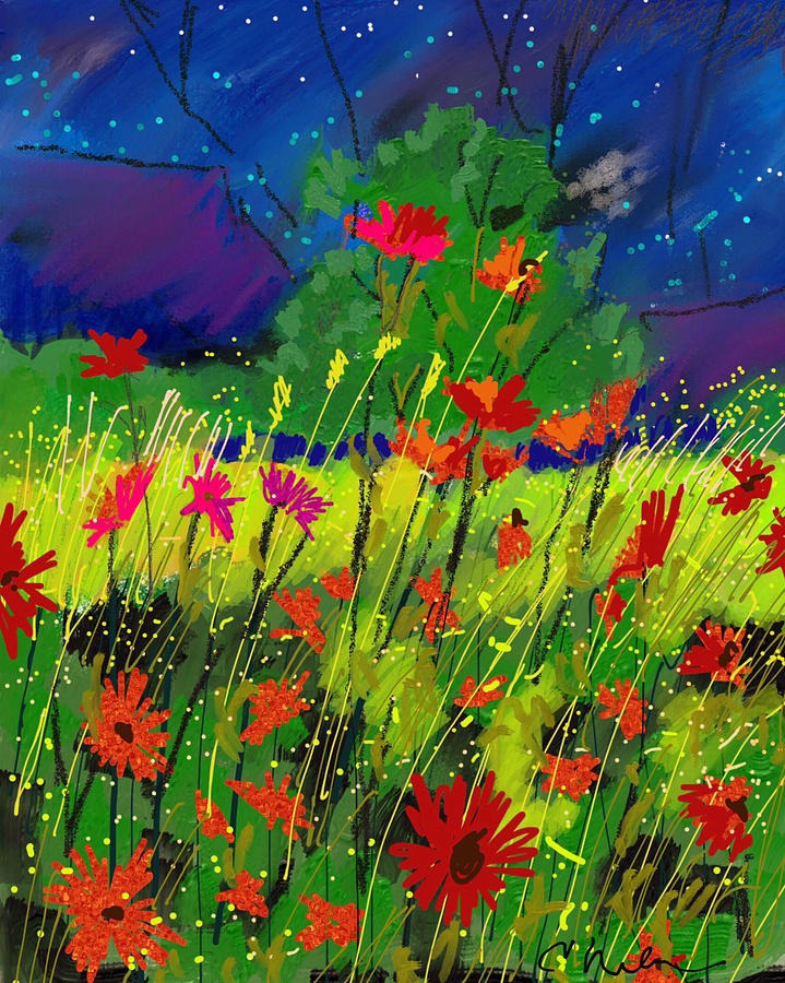 Wild Flowers Painting - Starry night over wild flowers by Craig Nelson