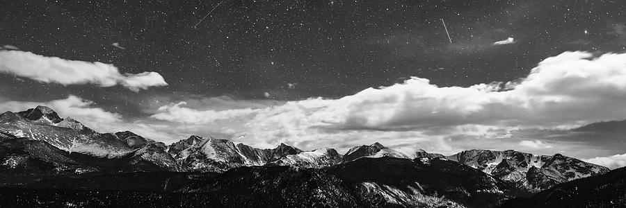 Starry Night Rocky Mountain Black And White Panorama Photograph