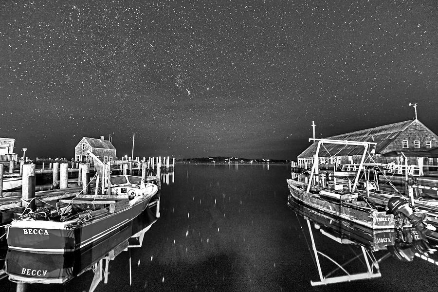 Starry Skies over Edgartown ma cape cod Black and White Photograph by Toby McGuire