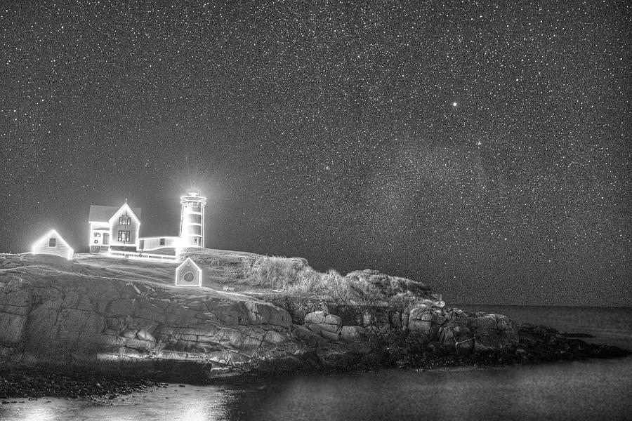Starry Sky of the Nubble Light in York ME Cape Neddick Black and White Photograph by Toby McGuire