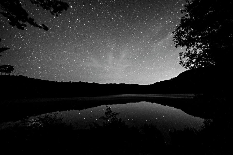 Starry Sky Over Heart Lake Adirondack Log Adirondacks North Elba NY Black and White Photograph by Toby McGuire