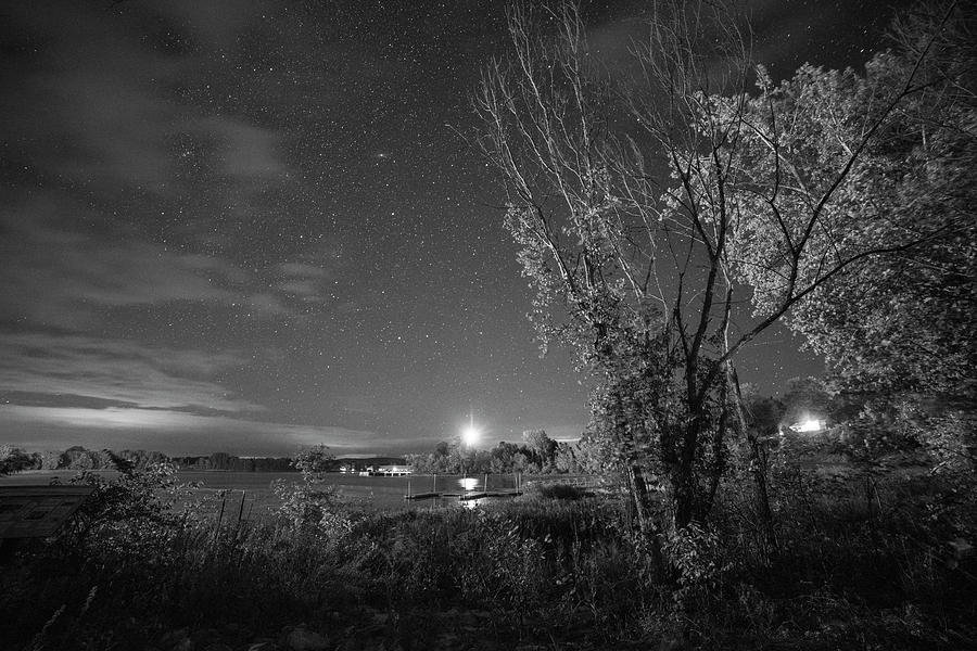 Starry Sky over Lake Champlain New York Black and White Photograph by Toby McGuire