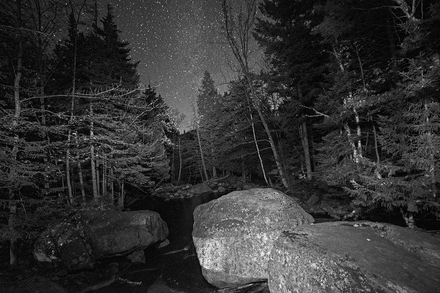 Starry Sky over Marcy Dam Area Keene Valley New York NY Adirondacks Boulders Black and White Photograph by Toby McGuire