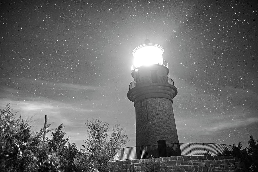 Starry Sky over the Gay Head lighthouse Aquinnah MA Cape Cod Marthas Vineyard  Black and White Photograph by Toby McGuire