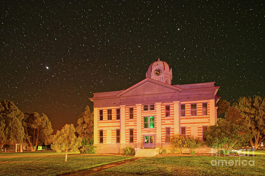 Starry Sky over the Jeff Davis County Courthouse - Fort Davis West Texas Photograph by Silvio Ligutti