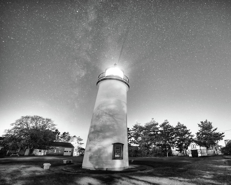 Starry Sky over the Newburyport Harbor Light Black and White Photograph by Toby McGuire