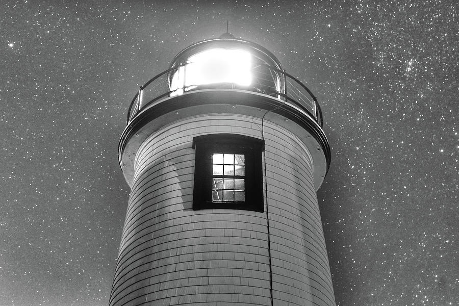 Starry Sky over the Newburyport Harbor Light Window 2 Black and White Photograph by Toby McGuire