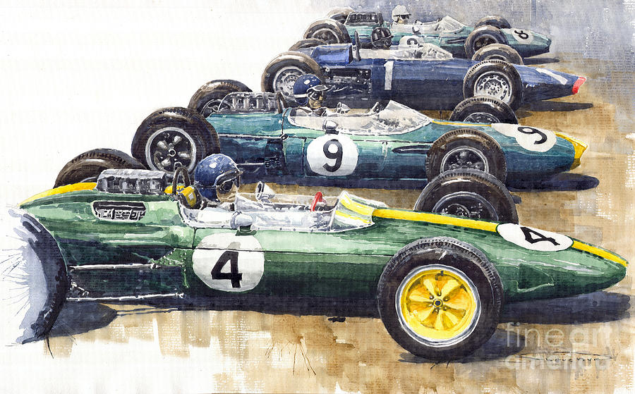 Watercolour Painting - 1963 Start British GP  - Lotus  Brabham  BRM  Brabham by Yuriy Shevchuk