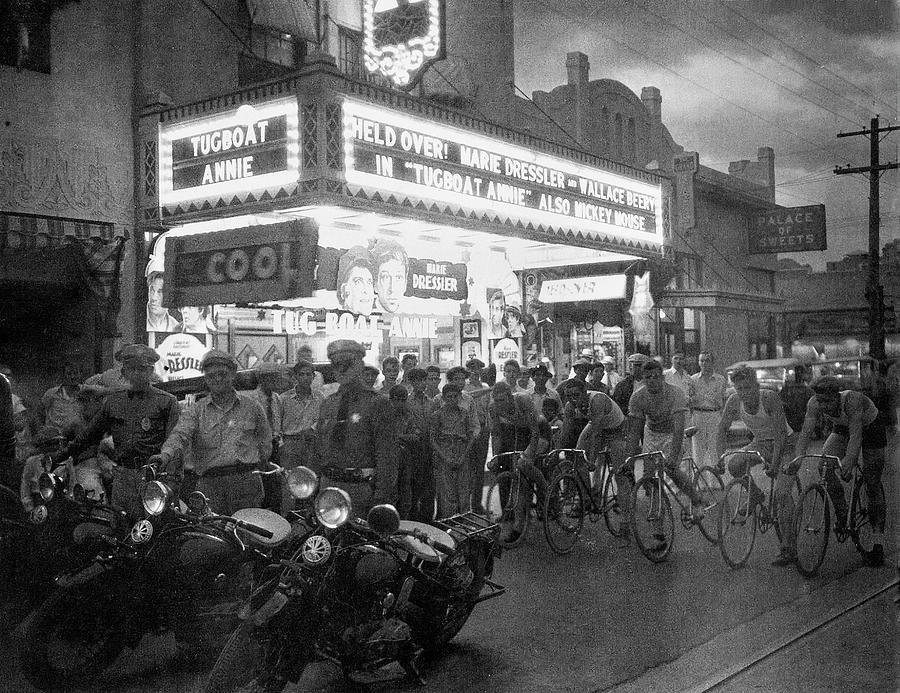 Start of bicycle race at dusk Tugboat Annie Fox Tucson Theater 1933  Photograph by David Lee Guss