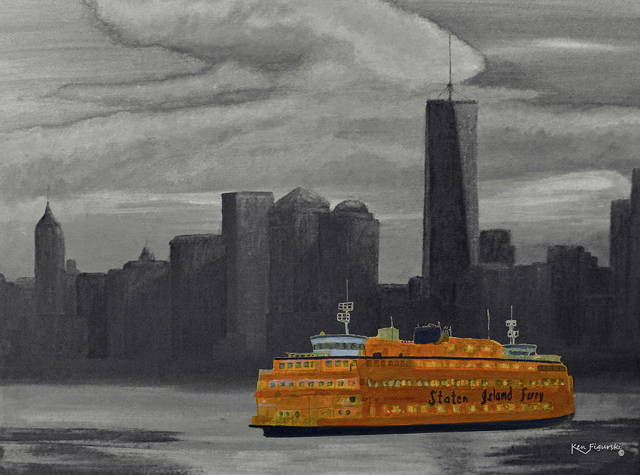 Staten Island Ferry Acrylic and Watercolor Painting Mixed Media by Ken Figurski