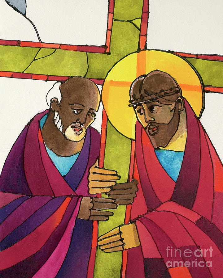 Stations of the Cross - 05 Simon Helps Jesus Carry the Cross - MMSHJ Painting by Br Mickey McGrath OSFS