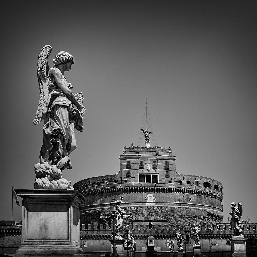 City Photograph - Statue at Bridge  in Rome. Castle SantAngelo.   BW by Guido Montanes Castillo