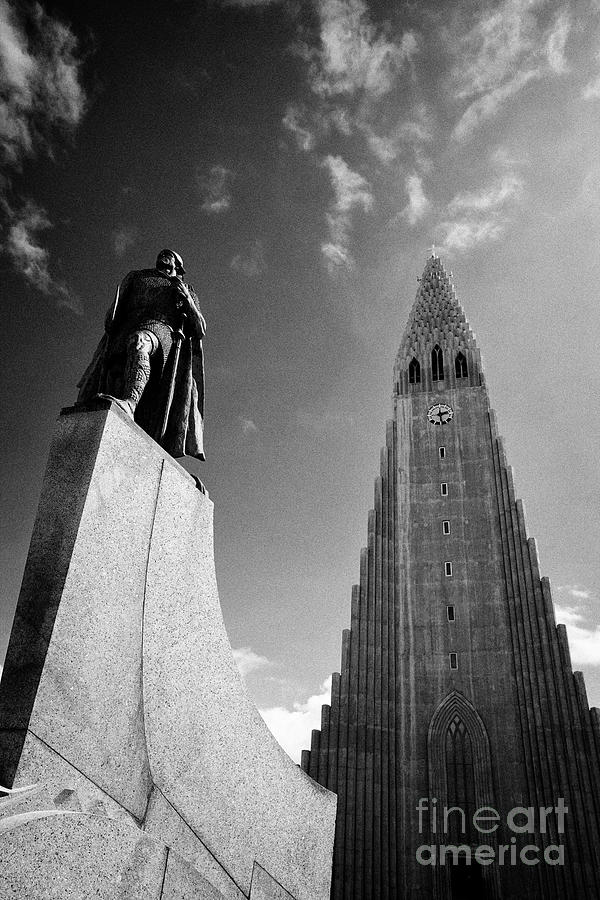 Landmark Photograph - statue of leif eriksson hallgrimskirkja reykjavik church of Iceland by Joe Fox