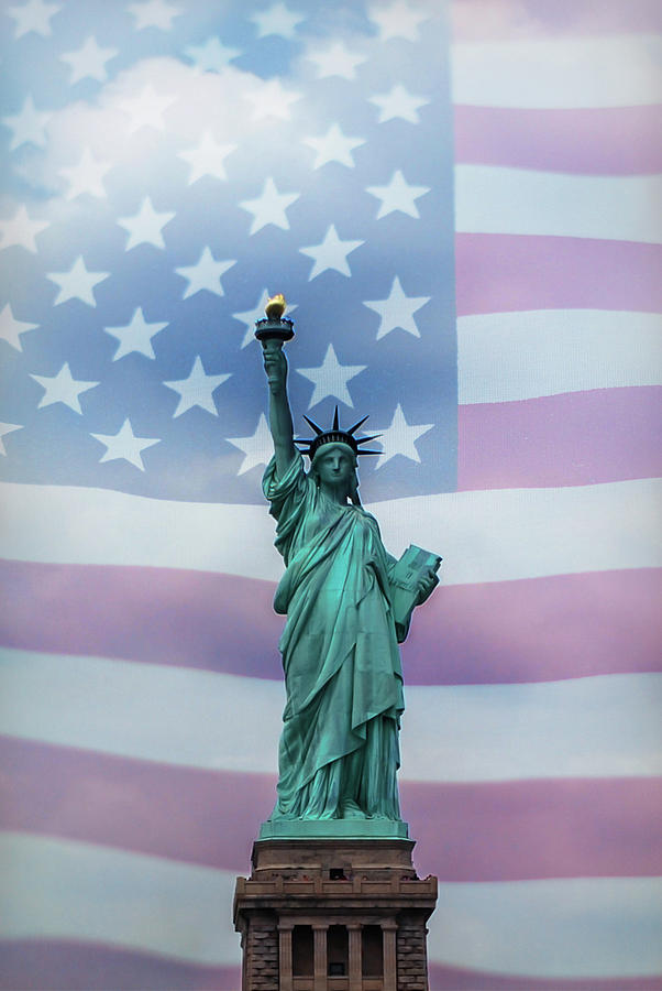 statue of liberty and american flag