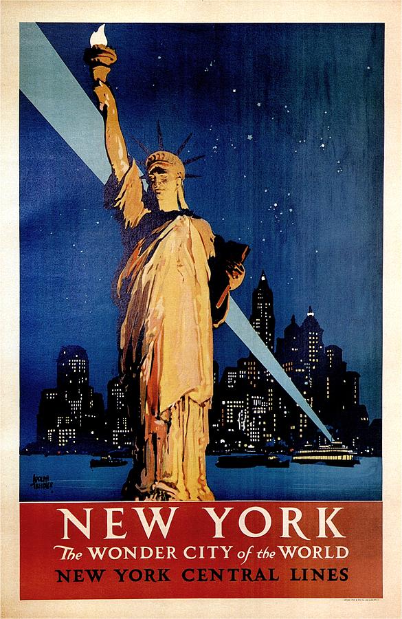 Statue Of Liberty Painting - Statue of Liberty at night - New York City Vintage Poster by Studio Grafiikka
