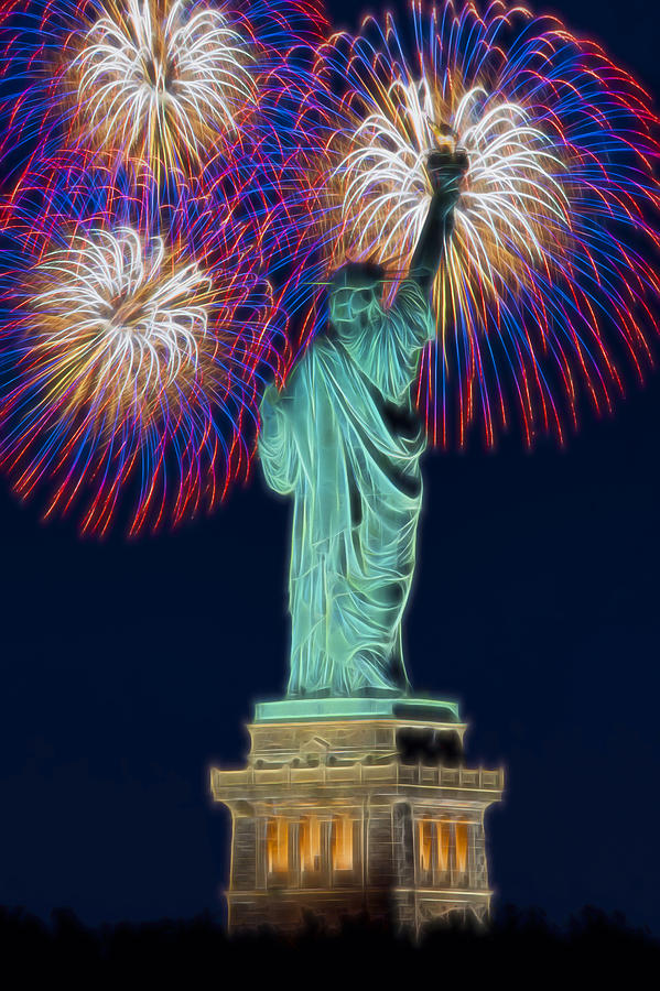 Statue Of Liberty Fireworks Photograph by Susan Candelario