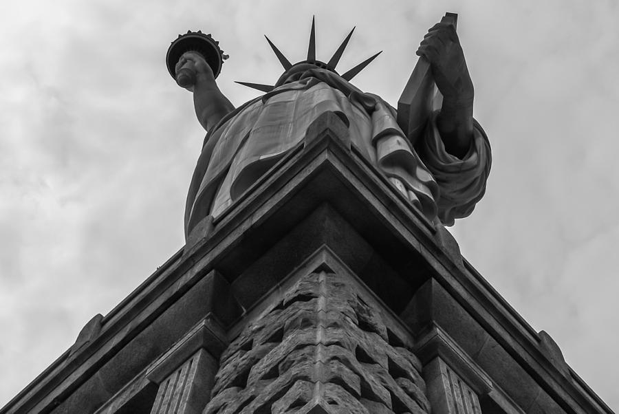 Statue Of Liberty Looking Up Black and White Photograph by Terry DeLuco