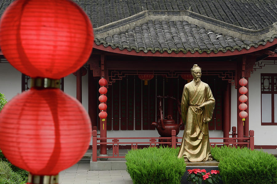 Tea Photograph - Statue of Lu Yu teamaster of China in courtyard of Mei Jia Wu te by Reimar Gaertner