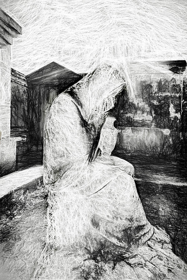 New Orleans Photograph - Statue Of Weeping Woman, Lafayette Cemetery, New Orleans in Black and White Sketch by Kay Brewer