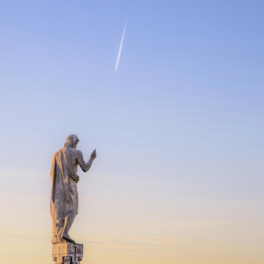 Milan Photograph - Statue Pointing To An Airplane Trail by Alexandre Rotenberg Milan Photograph - Statue Pointing To An Airplane Trail by Alexandre Rotenberg