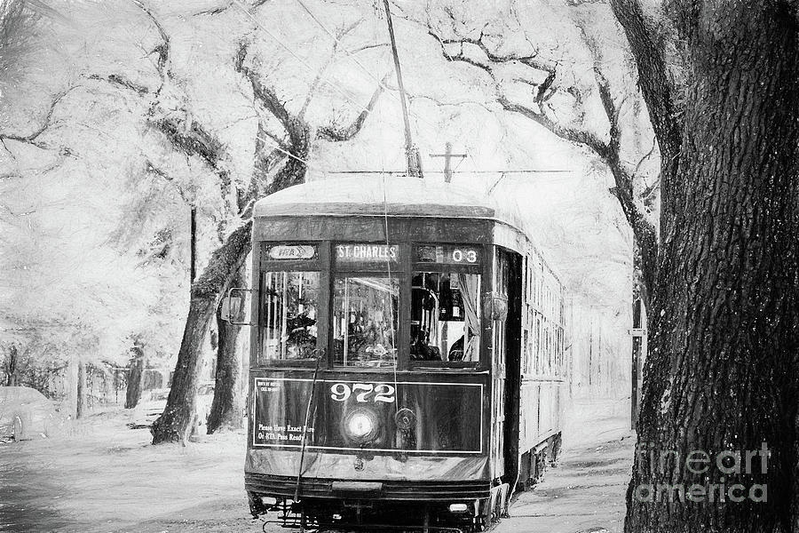 St.Charles Line Streetcar - Pencil Sketch BW Photograph by Scott Pellegrin
