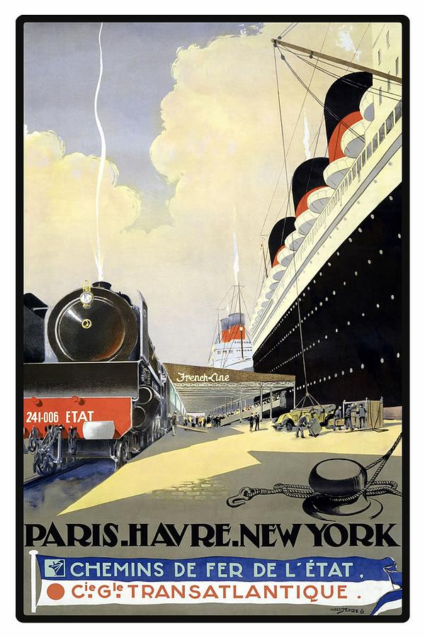 Paris Painting - Steam Engine Locomotive and Steamliner Ship - Transatlantic - Paris, Le Havre, New York  by Studio Grafiikka