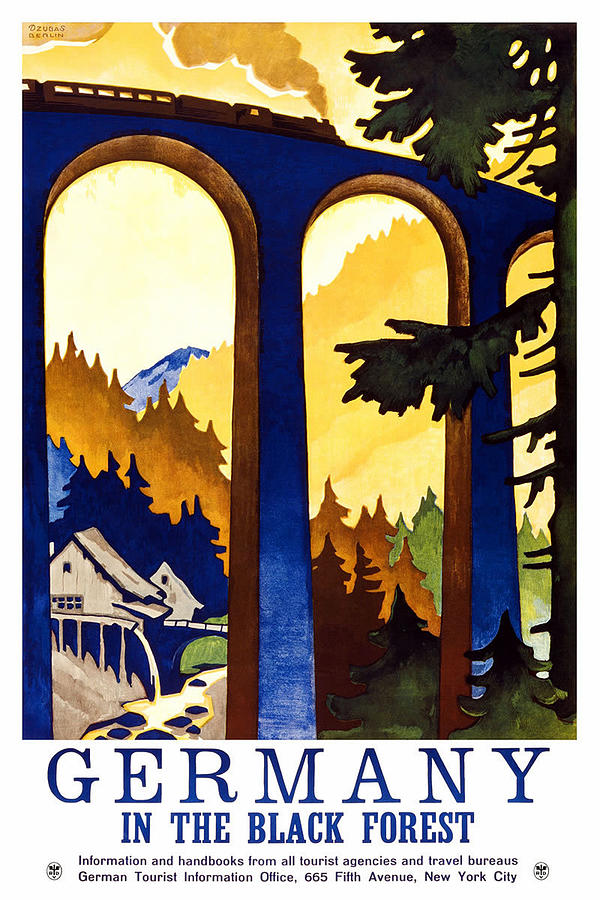 Steam Engine Train Passing through a tall bridge in the German Black Forest - Vintage Travel Poster  Painting by Studio Grafiikka